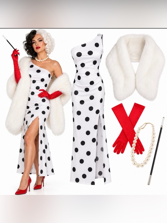Other - Cruella Inspired Dalmatian Halloween Costume Women’s Polka Dot Dress Set